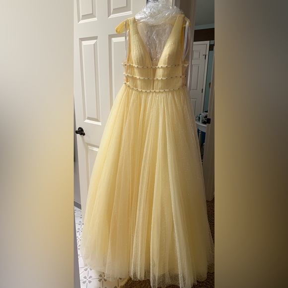 Sherri Hill Yellow Sparkly Prom Dress - Picture 2 of 8